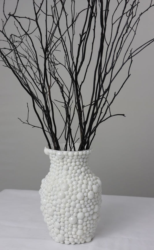 "Reserved" Matte White Pearl Glass Vase, Front View