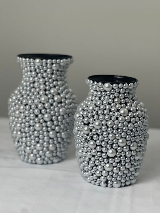 "Balanced" Black Base White Pearl  Vase, front view